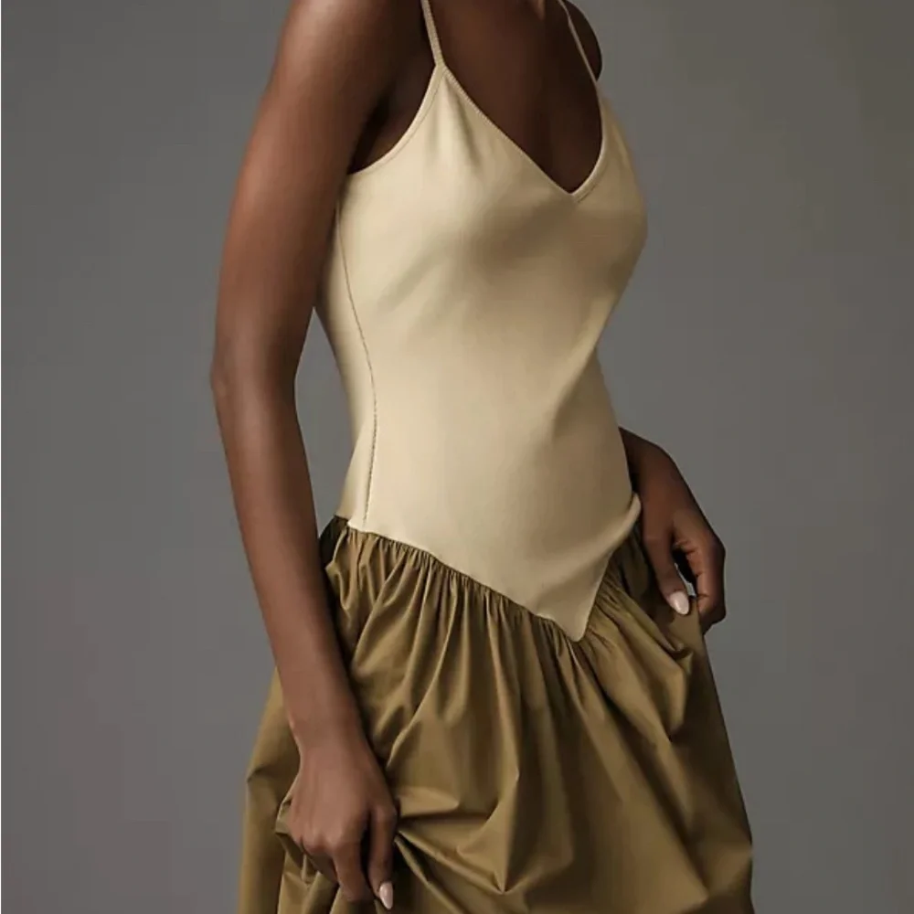 Anthropologie Maeve Sleeveless Ribbed DropWaist Poplin Twofer Midi Dress Size:XS - Picture 2 of 10